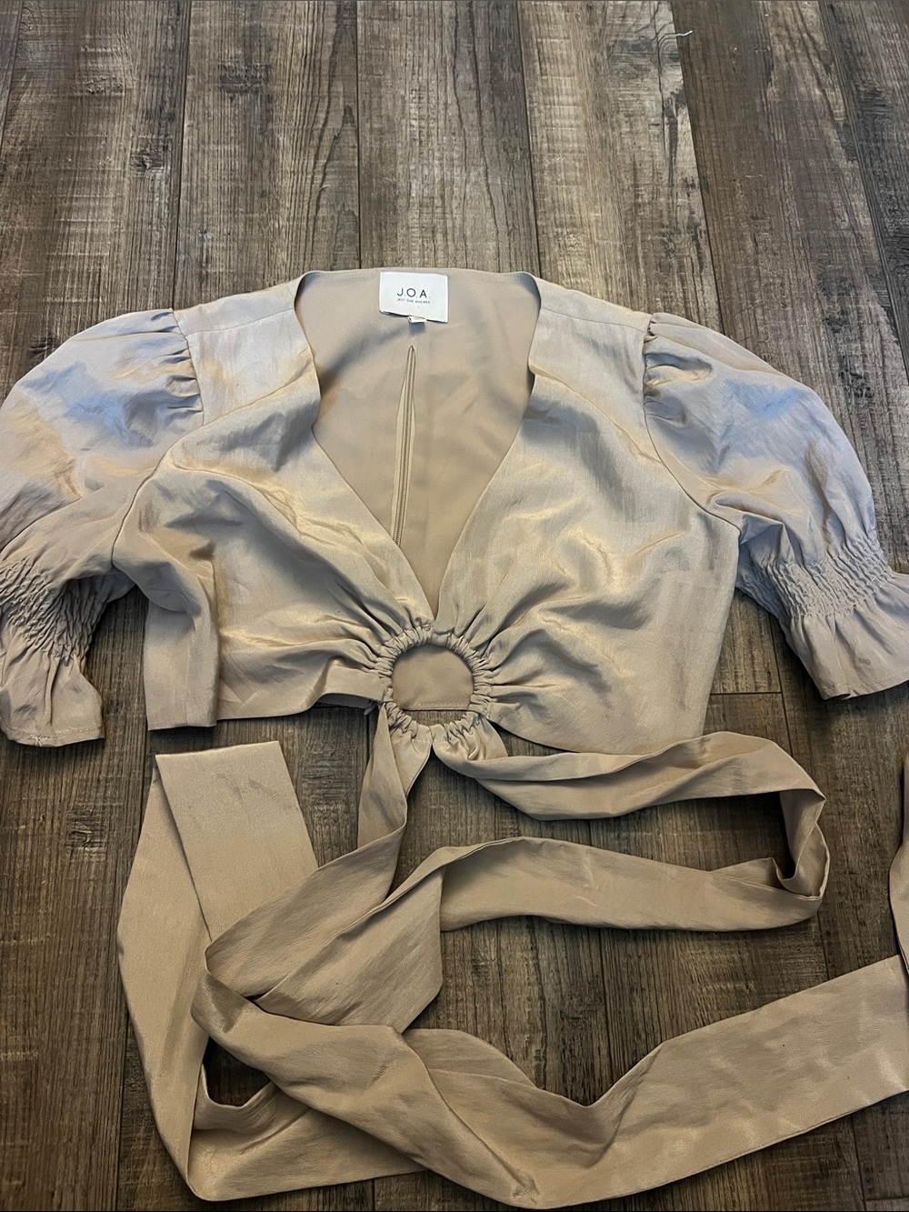 J.O.A. Taupe Satin Puff Sleeve Ring-Tie Crop Top